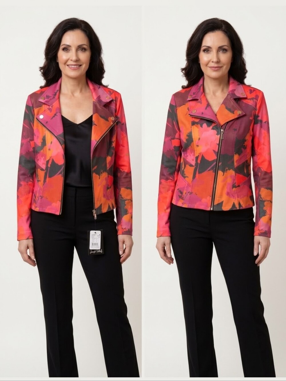 NWT Joseph Ribkoff Abstract Floral Foiled Faux Suede Moto Biker Jacket Size M